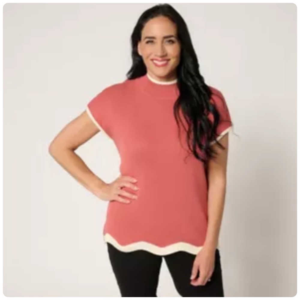 Belle Kim Gravel Mock Neck Scallop Hem Sweater